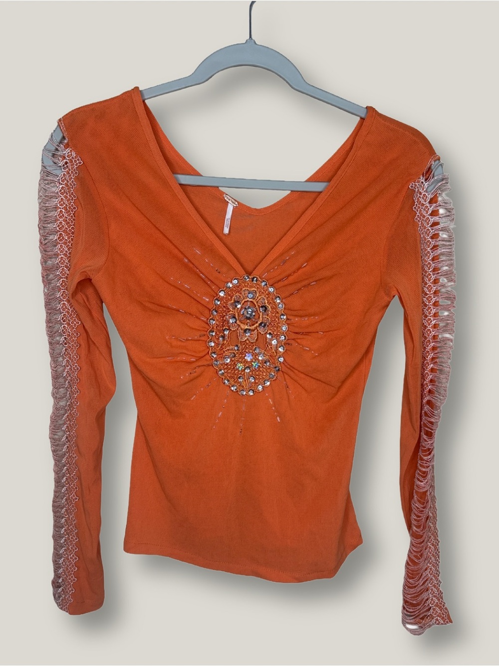 Vintage Free People Y2K Orange Shredded Ladder Sleeve Rhinestone Top Size 2 XS